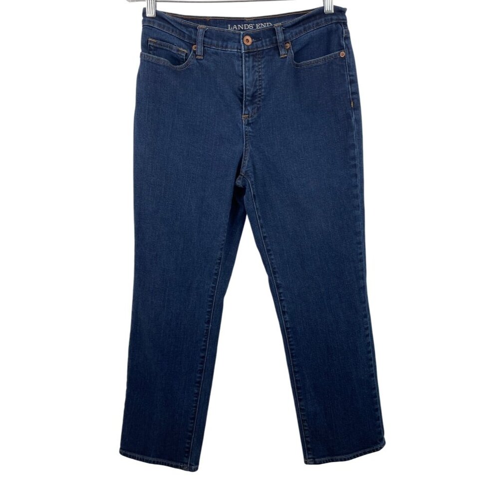 Lands' End Womens Petite Size 8 Dark Wash High Rise Straight Leg Jeans